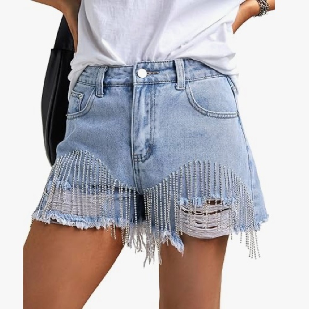 Stylish Blue Denim Shorts with Fringe and Rhinestones